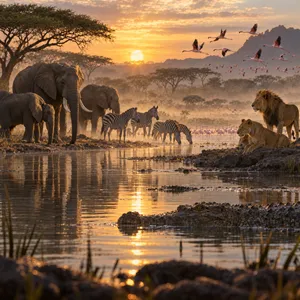 A misty dawn at an African savanna watering hole where elephants, lions, and zebras coexist in tense harmony, with a crocodile partially submerged in the foreground and flamingos taking flight in the background, golden hour lighting. - OpenAI GPT Image 2.5 Sunburst