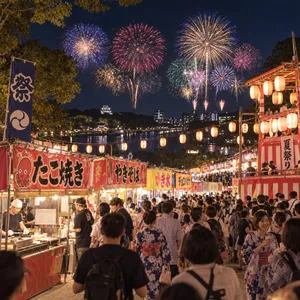 A nighttime festival with fireworks in the sky, food stalls lined up, and crowds mingling. - OpenAI GPT Image 2.5 Sunburst
