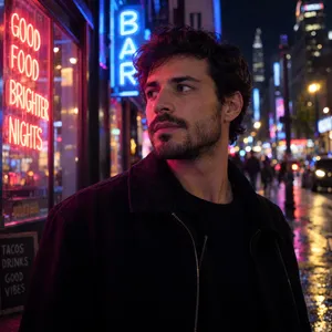A nighttime portrait of a man lit by neon signs on a city street. - OpenAI GPT Image 2.5 Sunburst