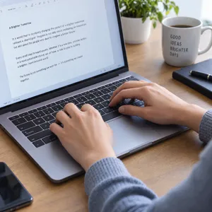 A person typing on a laptop keyboard, showing both hands on the keys. - OpenAI GPT Image 2.5 Sunburst