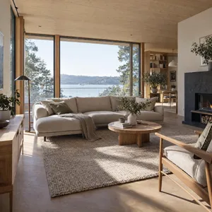 A photorealistic interior of a modern Scandinavian-style living room with natural light streaming through floor-to-ceiling windows. Show detailed wood textures, fabric materials, and proper light reflections. - OpenAI GPT Image 2.5 Sunburst