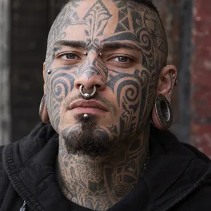 A portrait of a person with elaborate facial tattoos and piercings, shown in sharp detail. - OpenAI GPT Image 2.5 Sunburst