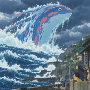 A sea creature rising from a stormy ocean near a village. Replicate the visual style of 'Ponyo' by Studio Ghibli, with Miyazaki's fluid water animations and vibrant creatures. - OpenAI GPT Image 2.5 Sunburst