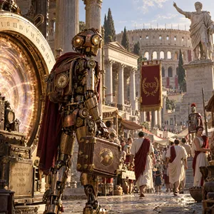 A steampunk robot time-traveling in ancient Rome, depicted in a detailed cinematic style that blends historical accuracy with copper and brass retrofuturistic aesthetics. - OpenAI GPT Image 2.5 Sunburst