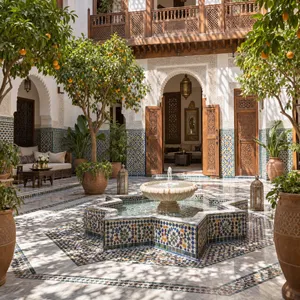A traditional Moroccan riad courtyard with detailed zellige tilework, flowing fountain, citrus trees, and ornate woodwork. Morning light casting intricate shadow patterns. - OpenAI GPT Image 2.5 Sunburst