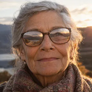 A ultra high-resolution portrait of an elderly woman with silver hair and bifocal glasses, each lens reflecting a distant landscape, captured in warm late-afternoon sunlight - OpenAI GPT Image 2.5 Sunburst