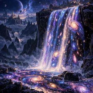 A waterfall that pours out stars and galaxies instead of water, illustrated in a cosmic fantasy style with vibrant space colors and dramatic lighting effects. - OpenAI GPT Image 2.5 Sunburst