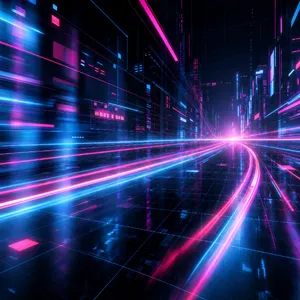 Abstract background graphic, cyberpunk aesthetic, neon pink/blue light trails on dark grid, sense of digital speed, for desktop wallpaper. - OpenAI GPT Image 2.5 Sunburst