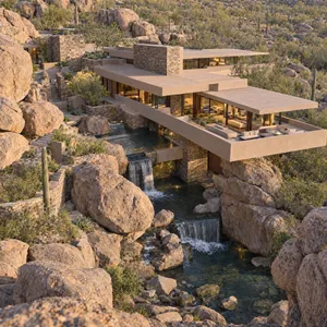 Aerial view of a modernist desert home, in the style of Frank Lloyd Wright's Fallingwater but adapted to desert conditions. Show integration with rocky landscape and water features. - OpenAI GPT Image 2.5 Sunburst