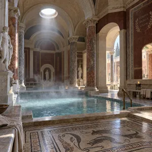 An ancient Roman bathhouse interior with accurate architectural details - marble columns, mosaic floors, arched ceilings, and steam rising from pools. Natural light from oculus openings. - OpenAI GPT Image 2.5 Sunburst