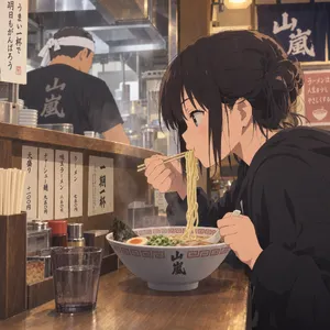 An anime scene of a character eating ramen at a small shop counter (slice-of-life style). - OpenAI GPT Image 2.5 Sunburst
