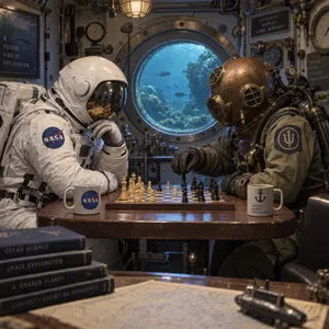 An astronaut and a deep-sea diver playing chess together inside a submarine. - OpenAI GPT Image 2.5 Sunburst