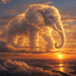 An elephant made of clouds floating in a sunset sky, rendered in a surrealist photorealistic style with ethereal golden lighting and atmospheric depth. - OpenAI GPT Image 2.5 Sunburst