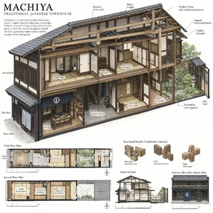 Cutaway architectural drawing of a traditional Japanese machiya townhouse showing all rooms and structural elements. Include accurate proportions, traditional joinery, and typical spatial organization. - OpenAI GPT Image 2.5 Sunburst