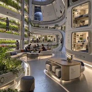 Interior of a futuristic space habitat with hydroponics gardens, communal areas, and living quarters. Show curved walls, artificial gravity considerations, and multipurpose furniture designs. - OpenAI GPT Image 2.5 Sunburst