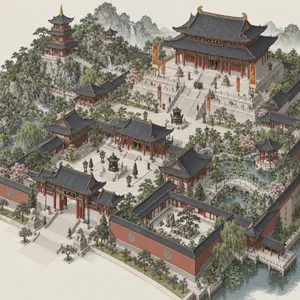 Isometric architectural illustration of an ancient Chinese temple complex showing multiple pavilions, gardens, and ceremonial spaces. Include proper roof structures and traditional ornamentation. - OpenAI GPT Image 2.5 Sunburst