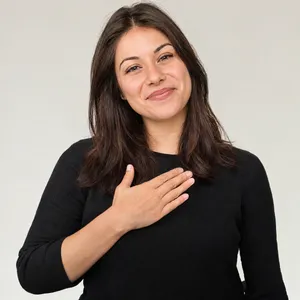 Photorealistic close-up portrait of a person clearly performing the American Sign Language gesture for 