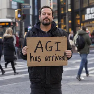 Photorealistic daytime street photograph, clearly showing a man standing still on a busy urban street corner holding a rectangular cardboard sign clearly facing camera, handwritten bold black marker text clearly readable as 