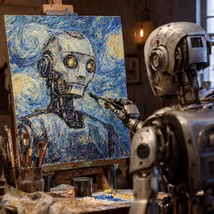 Photorealistic image of a robot painting a realistic self-portrait (i.e. the robot) on canvas, mimicking Van Gogh’s art style; clear, realistic metallic textures and painting details visible - OpenAI GPT Image 2.5 Sunburst