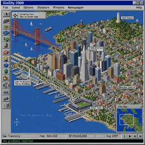 Pixel art cityscape of San Francisco in the iconic SimCity 2000 style, isometric view, detailed skyscrapers, residential areas, clearly identifiable Golden Gate Bridge, Coit Tower, Transamerica Pyramid, surrounded by the classic SimCity 2000 UI elements - OpenAI GPT Image 2.5 Sunburst