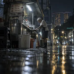 Rain-slicked Singapore street, 3 AM. A lone elderly hawker cleans his cart under one flickering fluorescent light. Steam rises gently. Low-angle shot, photorealistic - OpenAI GPT Image 2.5 Sunburst