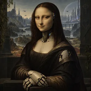 The Mona Lisa reimagined as a futuristic android, rendered in a digital art style that preserves Da Vinci's composition while incorporating sleek cyberpunk aesthetics and technological elements. - OpenAI GPT Image 2.5 Sunburst