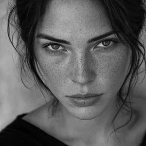 A black and white close-up portrait of a freckled woman with an intense gaze. - OpenAI GPT Image 2