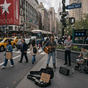 A busy city intersection with cars, pedestrians, and street performers all in one frame. - OpenAI GPT Image 2