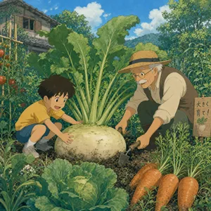A child and elder tending oversized vegetables in a garden. Reproduce the artistic style of Studio Ghibli, with their distinctive character proportions and detailed plant illustrations. - OpenAI GPT Image 2