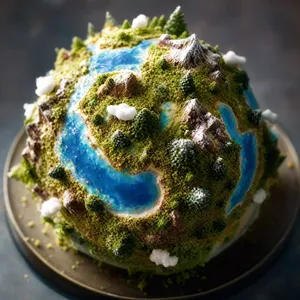 A dessert cake that looks like a tiny planet, complete with miniature trees and mountains, photographed in a professional food photography style with tilt-shift focus effect. - OpenAI GPT Image 2