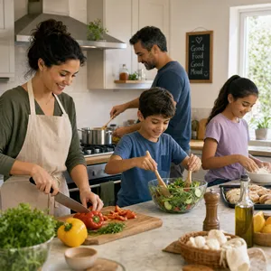 A family cooking together in a kitchen, each person busy with a different task. - OpenAI GPT Image 2