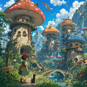 A forest of giant mushrooms with houses built on top of them, rendered in a whimsical Studio Ghibli-inspired art style with vibrant colors and fantastical details. - OpenAI GPT Image 2