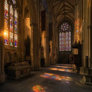 A Gothic cathedral interior at sunset with light streaming through detailed stained glass windows, creating colored patterns on stone floors and columns. Show accurate ribbed vaulting. - OpenAI GPT Image 2