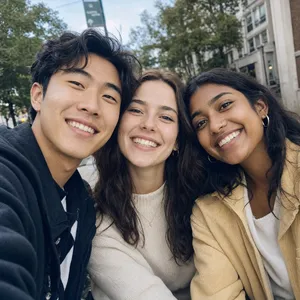 A group selfie of three friends of different ethnic backgrounds smiling at the camera. - OpenAI GPT Image 2