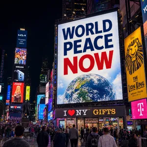 A large storefront billboard at Times Square displaying the slogan “WORLD PEACE NOW” in bold, clear letters, amidst a vibrant cityscape at night. - OpenAI GPT Image 2