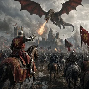 A medieval battlefield with knights on horseback and a dragon flying overhead. - OpenAI GPT Image 2