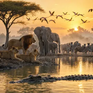 A misty dawn at an African savanna watering hole where elephants, lions, and zebras coexist in tense harmony, with a crocodile partially submerged in the foreground and flamingos taking flight in the background, golden hour lighting. - OpenAI GPT Image 2