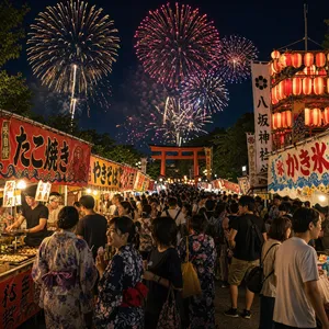 A nighttime festival with fireworks in the sky, food stalls lined up, and crowds mingling. - OpenAI GPT Image 2