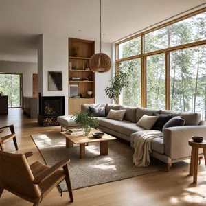 A photorealistic interior of a modern Scandinavian-style living room with natural light streaming through floor-to-ceiling windows. Show detailed wood textures, fabric materials, and proper light reflections. - OpenAI GPT Image 2