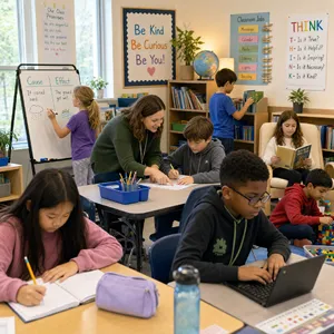 A school classroom of children and a teacher, each student engaged in a different activity. - OpenAI GPT Image 2