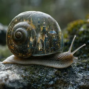 A snail whose shell contains a miniature city skyline, depicted in a hyperrealistic macro photography style with intricate architectural details and ambient lighting. - OpenAI GPT Image 2