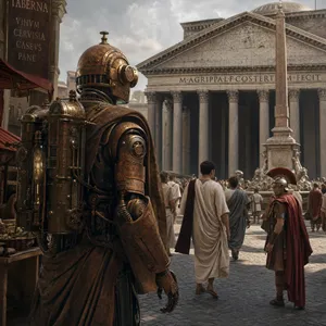 A steampunk robot time-traveling in ancient Rome, depicted in a detailed cinematic style that blends historical accuracy with copper and brass retrofuturistic aesthetics. - OpenAI GPT Image 2
