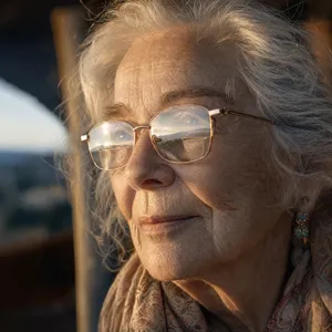 A ultra high-resolution portrait of an elderly woman with silver hair and bifocal glasses, each lens reflecting a distant landscape, captured in warm late-afternoon sunlight - OpenAI GPT Image 2