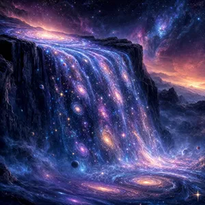 A waterfall that pours out stars and galaxies instead of water, illustrated in a cosmic fantasy style with vibrant space colors and dramatic lighting effects. - OpenAI GPT Image 2