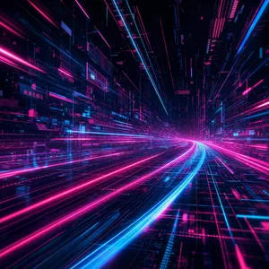Abstract background graphic, cyberpunk aesthetic, neon pink/blue light trails on dark grid, sense of digital speed, for desktop wallpaper. - OpenAI GPT Image 2