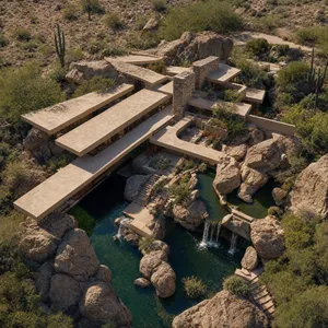 Aerial view of a modernist desert home, in the style of Frank Lloyd Wright's Fallingwater but adapted to desert conditions. Show integration with rocky landscape and water features. - OpenAI GPT Image 2