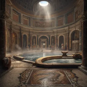 An ancient Roman bathhouse interior with accurate architectural details - marble columns, mosaic floors, arched ceilings, and steam rising from pools. Natural light from oculus openings. - OpenAI GPT Image 2