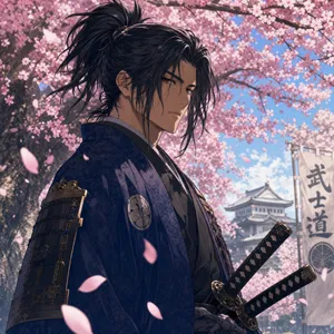 An anime-style portrait of a samurai standing under pink cherry blossoms. - OpenAI GPT Image 2