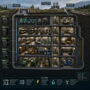 Cross-section rendering of a multi-level underground bunker with different functional areas, structural support systems, ventilation, and power generation facilities visible. - OpenAI GPT Image 2