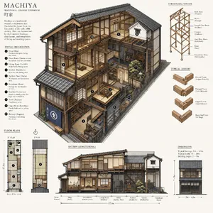 Cutaway architectural drawing of a traditional Japanese machiya townhouse showing all rooms and structural elements. Include accurate proportions, traditional joinery, and typical spatial organization. - OpenAI GPT Image 2